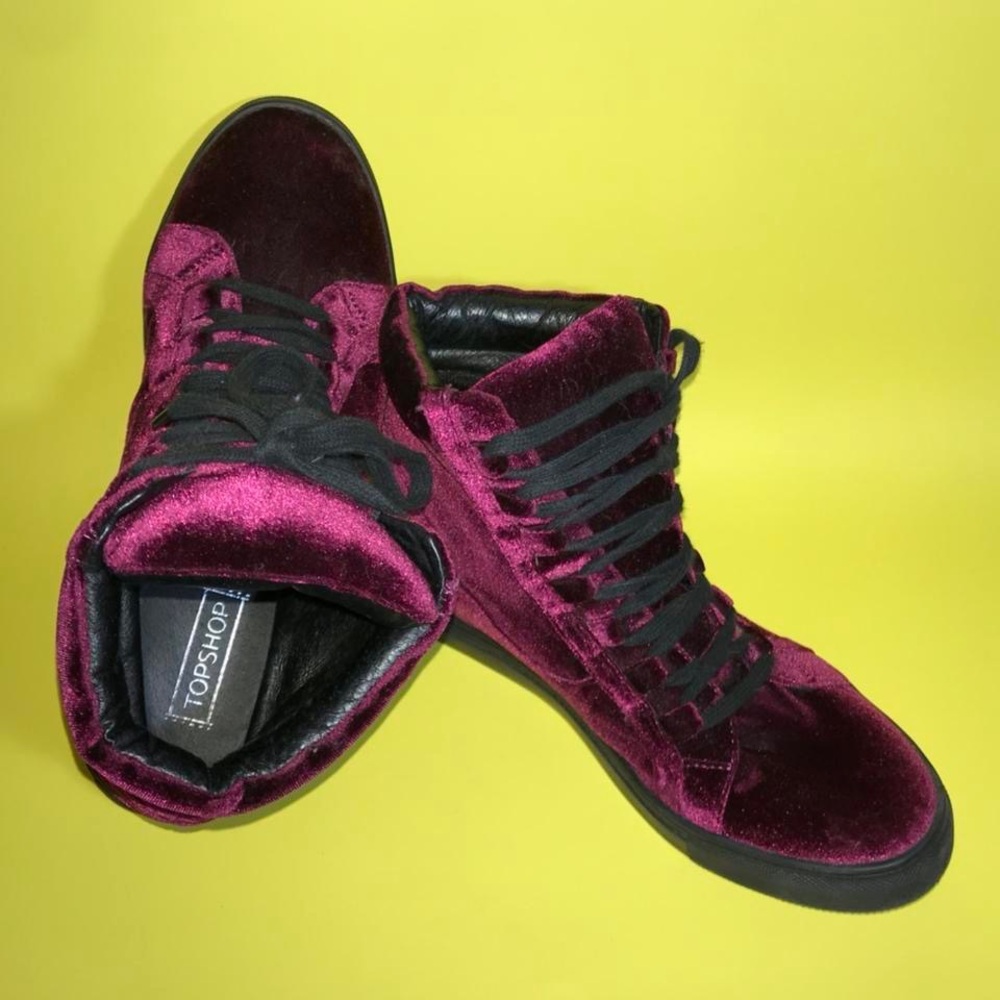 TOPSHOP Maroon Hi-Top Converse-style Sneakers with Velvet-like Material
